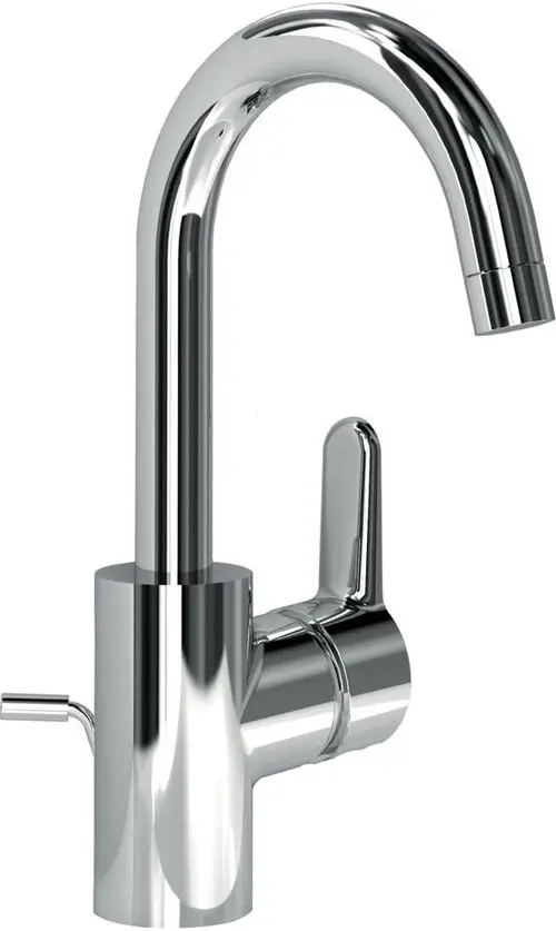 Chromfarbener Wasserhahn von Ideal Standard mit hochgezogenem Auslauf und seitlicher Bedienung. Eignet sich für moderne Küchen- oder Badinstallationen.